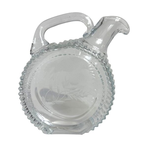 Breakfast Syrup Decanter VTG Glass Pitcher Etched Floral Ribbed Sides Pancakes